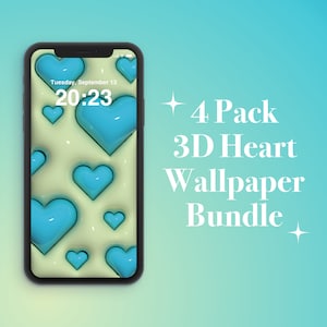 May include: A smartphone displaying a wallpaper with a pattern of blue 3D hearts on a light yellow background. The time is 20:23. The text "4 Pack 3D Heart Wallpaper Bundle" is displayed on the right side of the image.