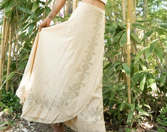 Falda boho beige larga - Falda envolvente simple para mujer - Prenda terrosa - Ropa de impresión de bloque tribal - Falda ceremonial - Traje nómada