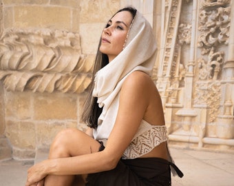 Hooded Boho Crop Top: Creme Raw Cotton Backless Top
