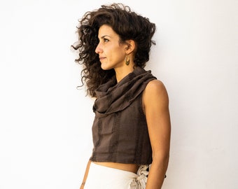 Brown Hooded Top - Bohemian Crop Top - Tulum Frayed Shirt - Earthy Clothing - Natural Cotton Fiber - Festival Top