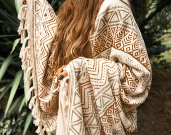Bohemian White Cotton Scarf: Ethnic Block Print Tribal Shawl