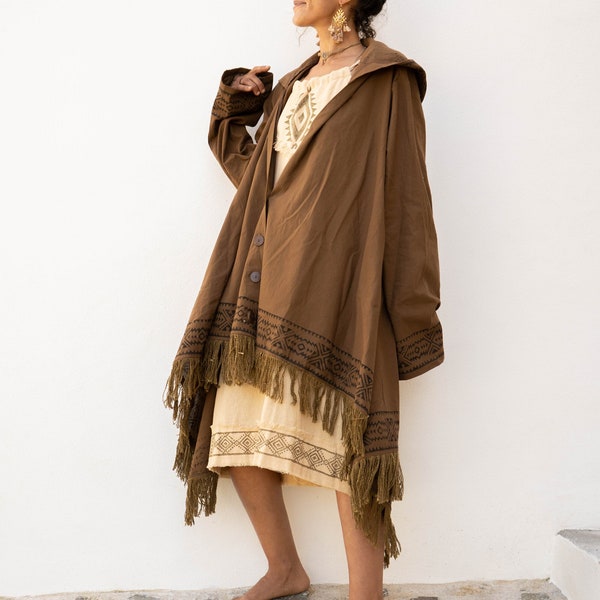 Tribal Hooded Vest - Bohemian Cardigan for Women - Oversize Festival Poncho - Earthy Clothing - Women's Hooded Vest