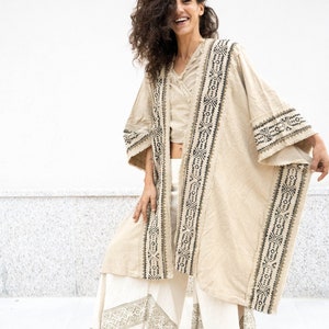 Long Beige Boho Kimono - Tribal Cardigan for Women - Festival Clothing - Ethnic Garment -Shamanic Ceremony Clothing - Natural Fiber