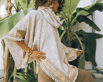 Tribal Poncho - Hippie Cape - Bohemian Women Hoodie - Natural Clothing