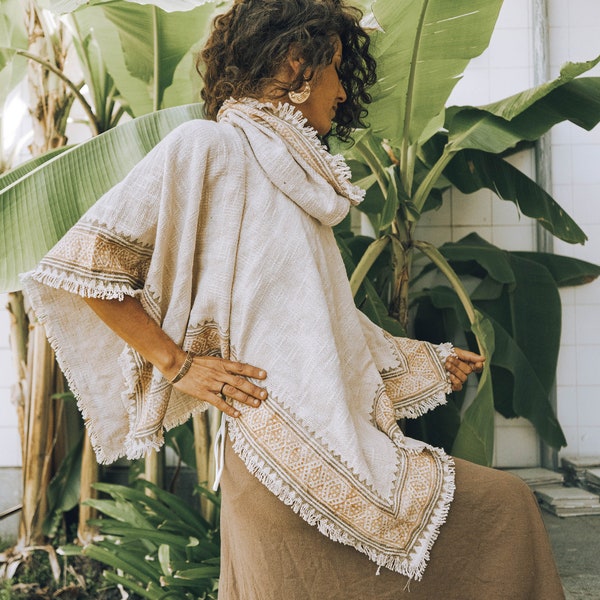 Poncho tribal - Cape hippie - Sweat à capuche bohème pour femme - Vêtements naturels
