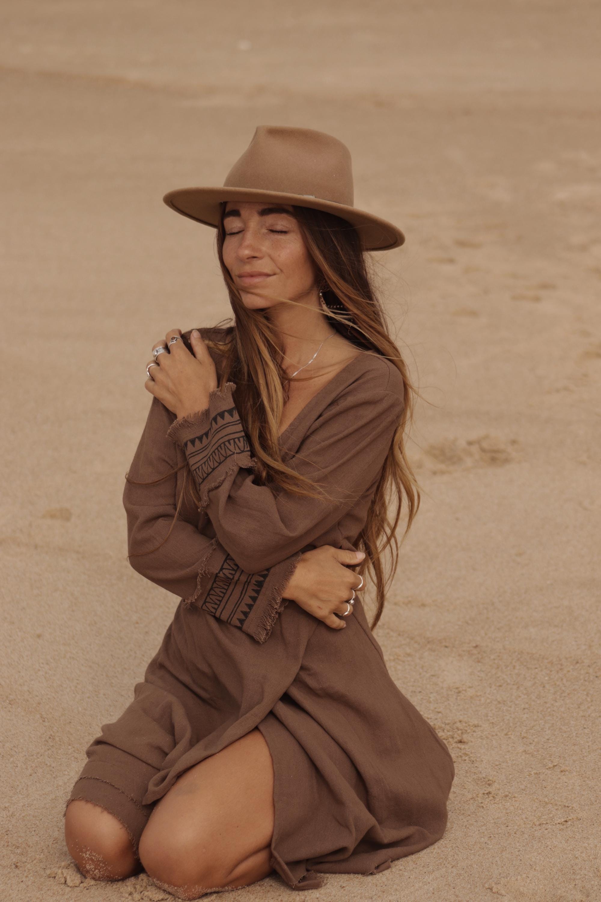 brown tribal dress Boho for Women, Ethnic Style, Natural Earthy Clothing, Festival Outfit 40 in / 102