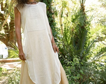 Bohemian White Dress - Ceremony Clothing - Natural Jute Cotton - Spiritual Garment - Light Summer Dress for Women