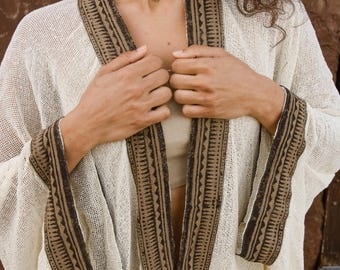 Women's Tribal Net Kimono - White Hippie Caftan - Festival Cardigan - Natural Clothing - Boho Chic Style