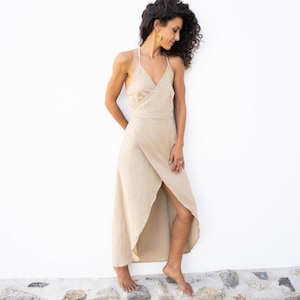 Long Beige Wrap Dress - Bohemian Chic Dress - Ibiza Look - Natural Clothing