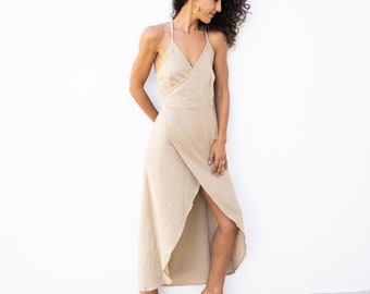 Long Beige Wrap Dress - Bohemian Chic Dress - Ibiza Look - Natural Clothing