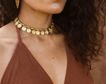 Gold Brass Coin Choker Necklace for Women – Boho Tribal Adjustable Jewelry
