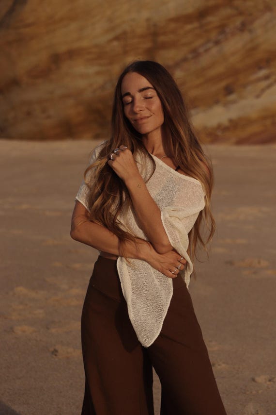 Cream Cotton Poncho, Boho Layering Piece, Lightweight Cover Up, Festival Clothing, Beachwear, Bohemian Style