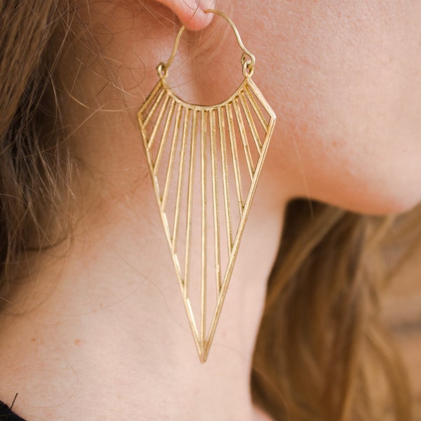 Boho Earrings - Triangle Dangle - Big Hoops - Brass Bohemian Earrings - Trend Gold - Ethnic Jewelry - Gypsy Jewelry - Brass Hoops