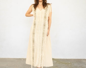 Robe blanche bohème - Robe longue tribale - Robe imprimée bloc - Fibre naturelle - Vêtements de festival - Cérémonie chamanique