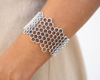 Bee Hive Bracelet - Geometric Silver Bracelet - Big Bangle - African Bracelet - Desert Jewelry