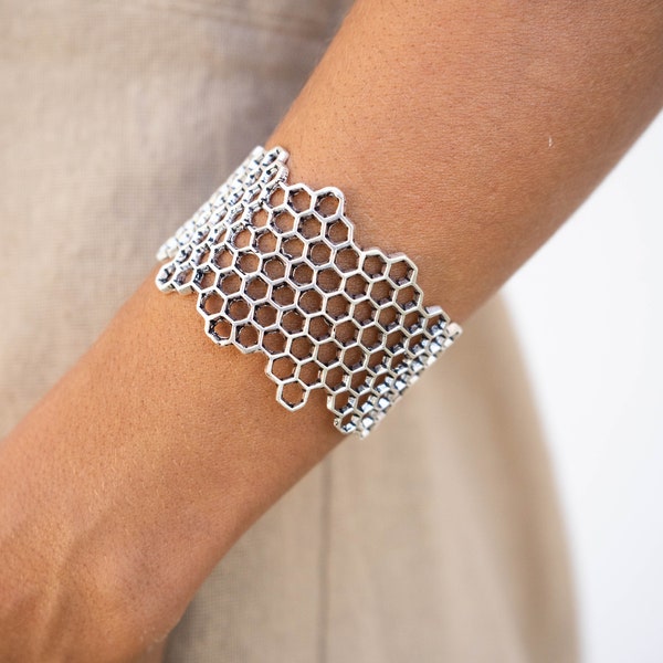 Bee Hive Bracelet - Geometric Silver Bracelet - Big Bangle - African Bracelet - Desert Jewelry