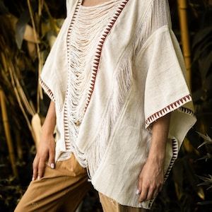 Hippie Poncho, Natural White Frayed Top, Festival Top for Women, Earthy Clothing, Tribal Boho Top, Loose Poncho for Women, Natural Clothing