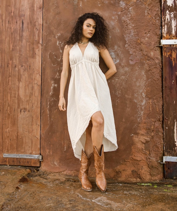 Boho Chic Ceremony Dress, Asymmetrical Cotton Dress, Natural Clothing for  Women