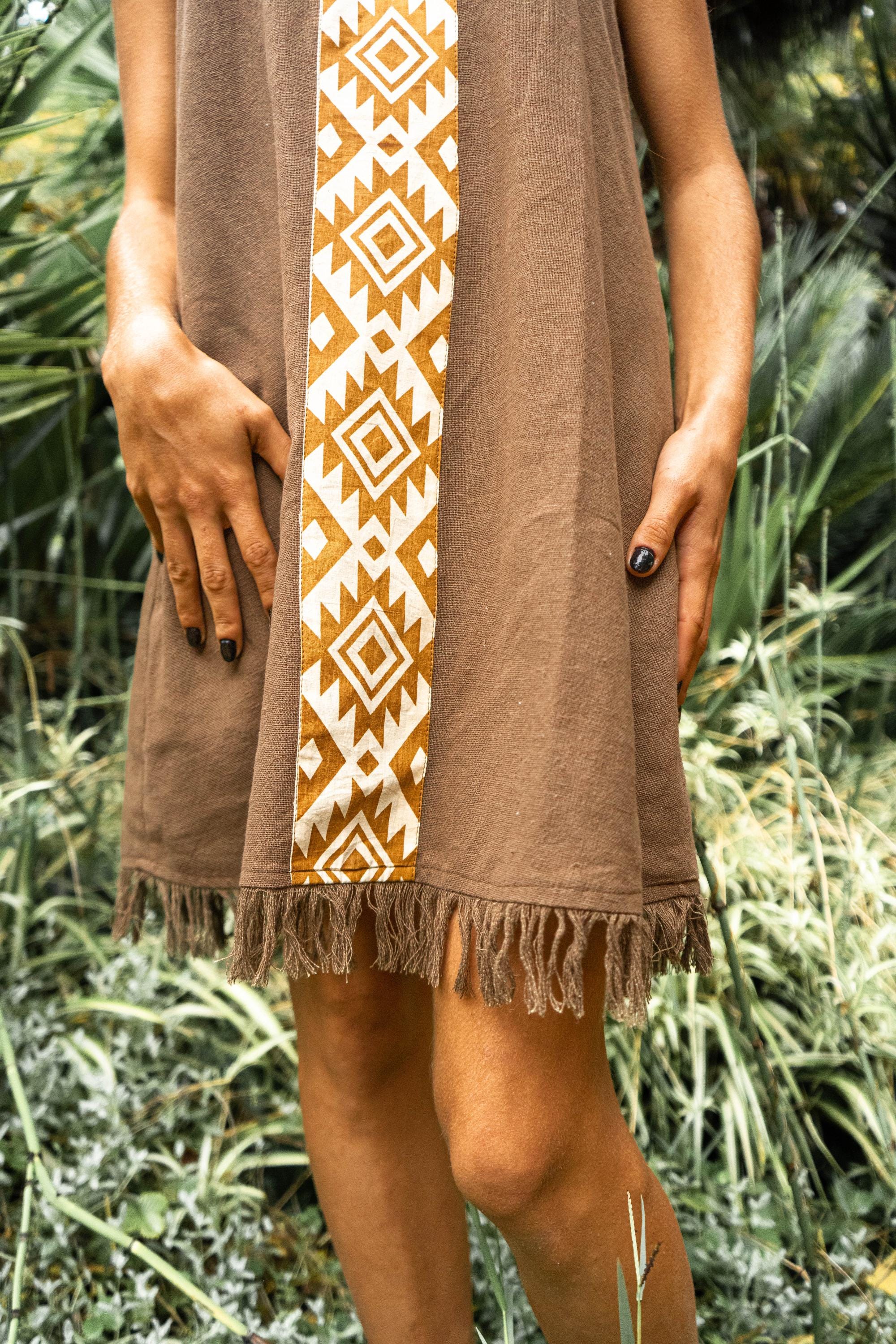 brown tribal dress Long Tribal Hemp Tunic Top Asymmetrical Short Brown Hemp Dress Primitive Tribal Craft