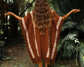 Long Tribal Kimono, Hippie Cardigan, Festival Cape for Women, Ethnic Poncho, Natural Clothing