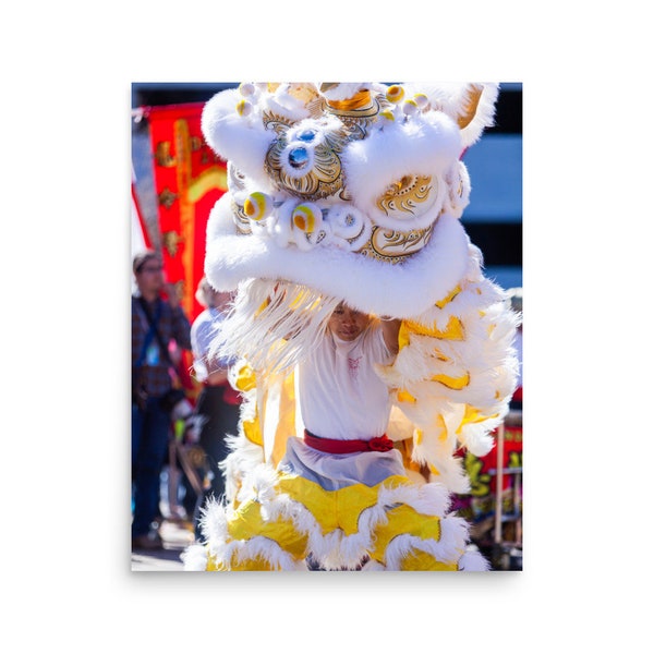 Imprimé danse du lion blanc et or pendant le nouvel an lunaire chinois du lapin