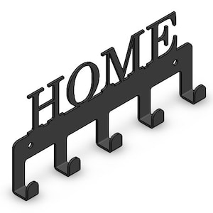 May include: Black metal coat rack with the word "HOME" in large letters and five hooks.