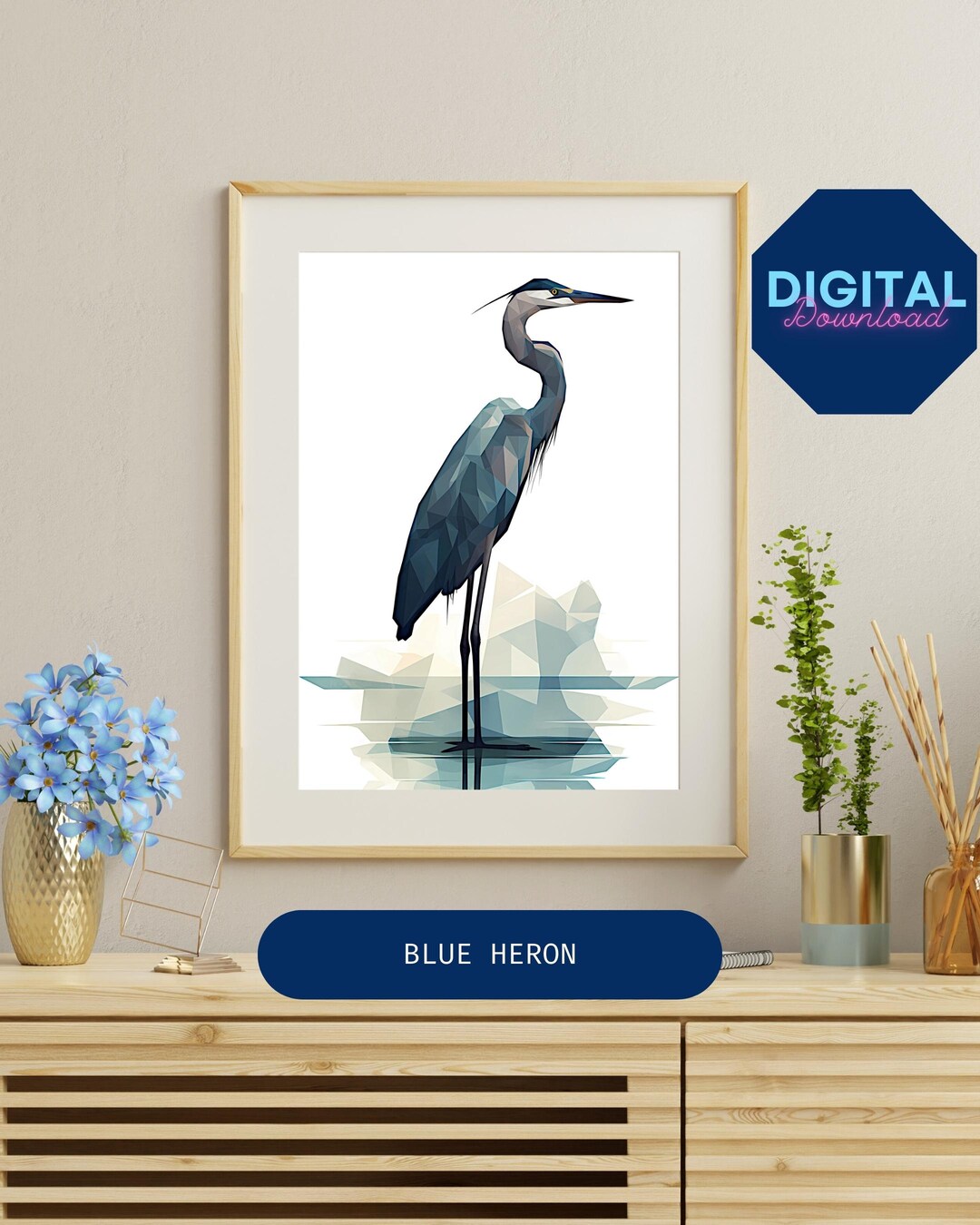 Minimalist Blue Heron Wall Art Blue Heron Print Digital Etsy