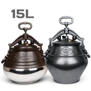 May include: Two 15L pressure cookers with locking handles and lids. The left cooker has a dark brown textured top and a polished silver base. The right cooker is solid black with the text RASHKO BABA LT-15 embossed on the front surface.