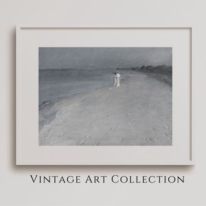 Vintage strand schilderij kust print pastel digitale Wall Art digitale download mensen op strand kunst