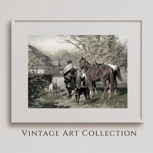 Horse Wall Art Vintage Painting Antique Digital Printable Farmhouse Décor Dog Art Rustic Print
