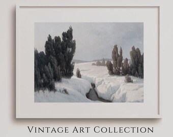 Vintage Winter Landscape Painting Snow Covered Sunset Scenery Digital Art Print Instant Download