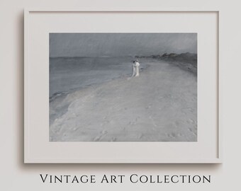 Vintage Beach Painting Coastal Print Pastel Digital Wall Art Digital Download People on Beach Art