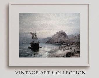 Samsung Frame TV Art Coastal Wall Art Sailboat Digital Print Sailboats in Harbor Vintage Seascape Painting PRINTABLE DOWNLOAD Large Wall Art