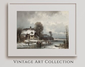 Snowy Woods Painting Winter Village Printable Art Vintage Landscape