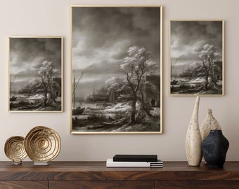 Vintage Winter Village Christmas Wall Décor Snow Covered Trees Painting Digital PRINTABLE Art