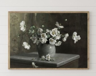 Moody Vintage Flower Oil Painting Dark Floral Antique Art PRINTABLE Download Farmhouse Digital Print Large Wall Art White Flower Vintage Art