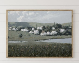 Paisaje de primavera de flores silvestres, arte imprimible, pintura al óleo de prado, paisaje de campo de flores, arte de pared de verano Vintage