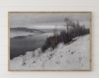 Vintage Winter Oil Painting Rustic Cottage Print Christmas Painting Holiday Wall Décor Frozen River Wall Art Winter Landscape Vintage Print