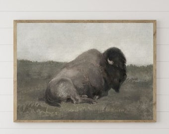 Bison Vintage Painting Buffalo Large Wall Art Antique National Park Art Yellowstone Landscape Classic Country Painting Vintage Buffalo Art