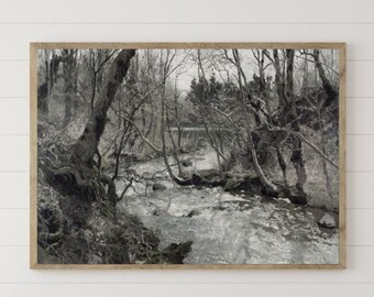 Vintage Forest River Painting Earth Tones Wall Art Antique Farmhouse Digital Download