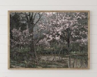 Vintage lente landschap print landschap schilderij afdrukbare kunst lente weide grote muur kunst roze bloemen kunst zomer Vintage olieverfschilderij