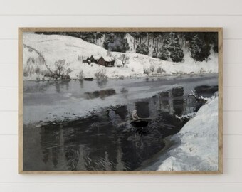 Snowy Landscape Vintage Evergreen Painting Christmas Wall Art Farmhouse Print Frozen River Digital Art
