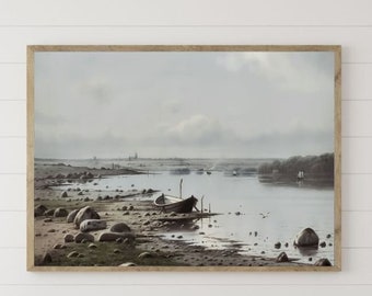 Canoe Wall Art for Lake House Coastal Shore Vintage Painting Lake Print PRINTABLE Download Lake Poster Vintage River Painting Wall Decor Art