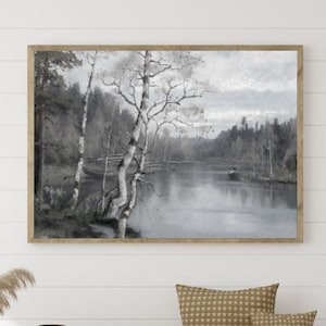 Rustic Lake Painting Moody Lake Landscape Print Vintage Autumn Cabin Décor PRINTABLE Download Large Wall Art Antique Cabin Painting Decor
