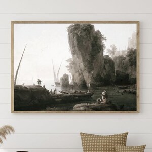 Fisherman Nautical Sea Boat Landscape Print Sailing Boat Wall Art European Seascape Rocky Shores Art Print Antique Lake Print Digital Art