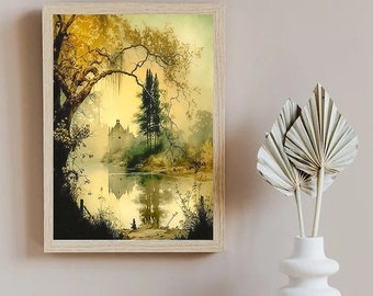 LAF Prints | Abstract Autumn Landscape, Stream, Watercolor Painting, Vintage Country Art Décor Above Fireplace Downloadable Digital Painting