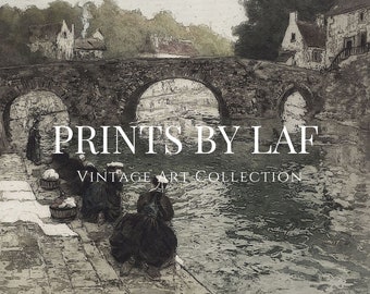 May include: A vintage black and white illustration of a stone bridge over a river with people walking on the bridge and a small village in the background. The text "PRINTS BY LAF VINTAGE ART COLLECTION" is printed on the image.