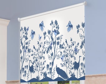 Hand Drawn Chinoiserie Roller Shades, Exotic Birds Roller Blinds, Living Room Curtains, Printed Roller Shades, Kitchen Curtains