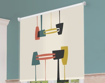 Estor enrollable personalizado de estilo moderno de mediados de siglo – Diseño abstracto en verde azulado y amarillo