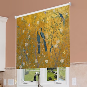 Vintage Golden Chinoiserie Roller Shades, Peacock And Elegant Birds Roller Blinds, Dining Curtains, Printed Roller Shades, Kitchen Curtains